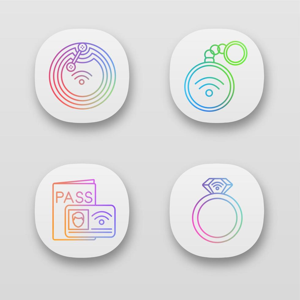 set di icone dell'app per la tecnologia NFC. chip campo vicino, gingillo, sistema di identificazione, anello. interfaccia utente ui ux. applicazioni web o mobili. illustrazioni vettoriali isolate