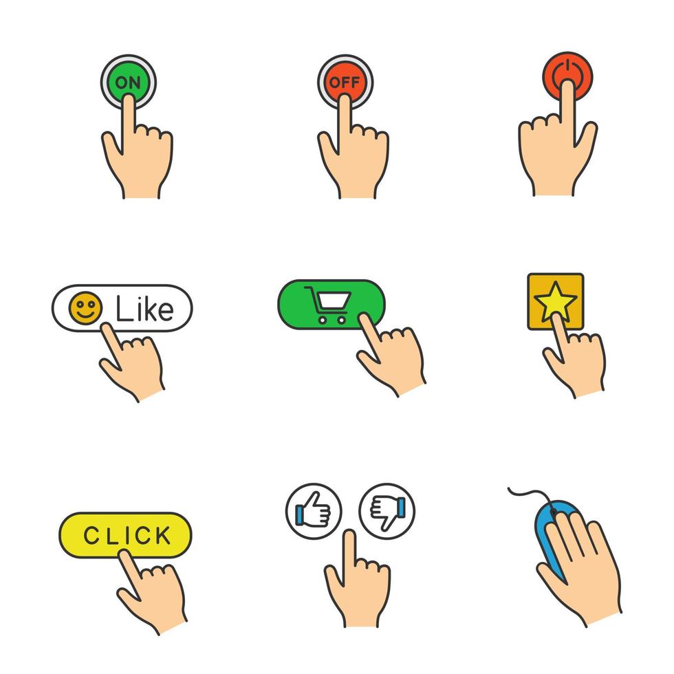 icone a colori pulsanti app impostate. clic. accendi e spegni, accendi, metti mi piace, acquista, aggiungi ai preferiti, fai clic, pollice su e giù, mouse del computer. illustrazioni vettoriali isolate