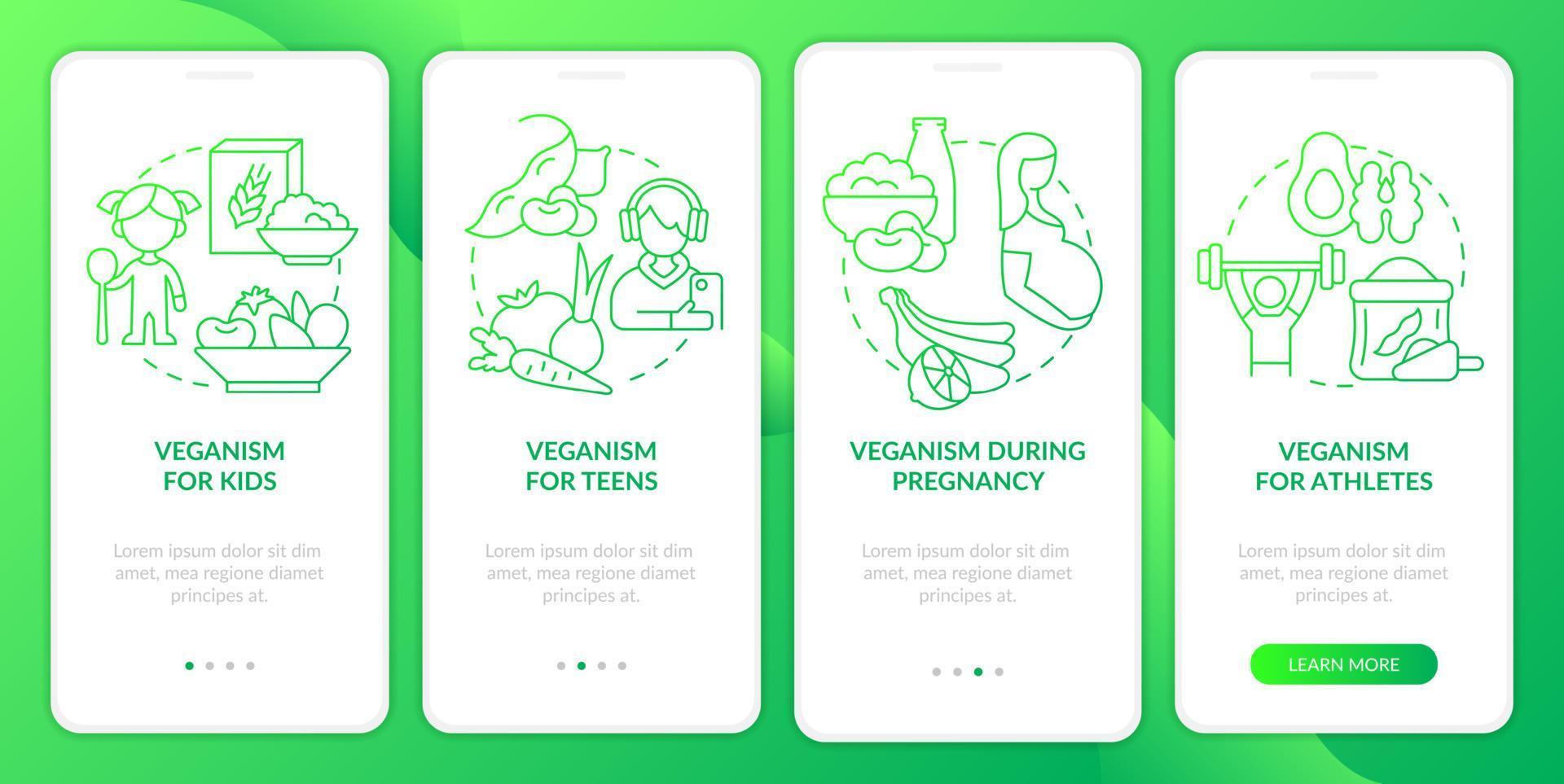 stile di vita vegano per tutti schermo dell'app mobile onboarding gradiente verde. procedura dettagliata 4 passaggi pagine di istruzioni grafiche con concetti lineari. ui, ux, modello gui. vettore