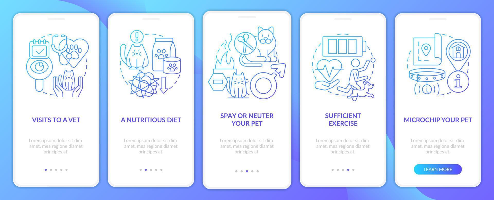 schermata dell'app mobile per l'onboarding del gradiente blu di proprietà dell'animale domestico responsabile. procedura dettagliata 5 passaggi pagine di istruzioni grafiche con concetti lineari. ui, ux, modello gui. vettore