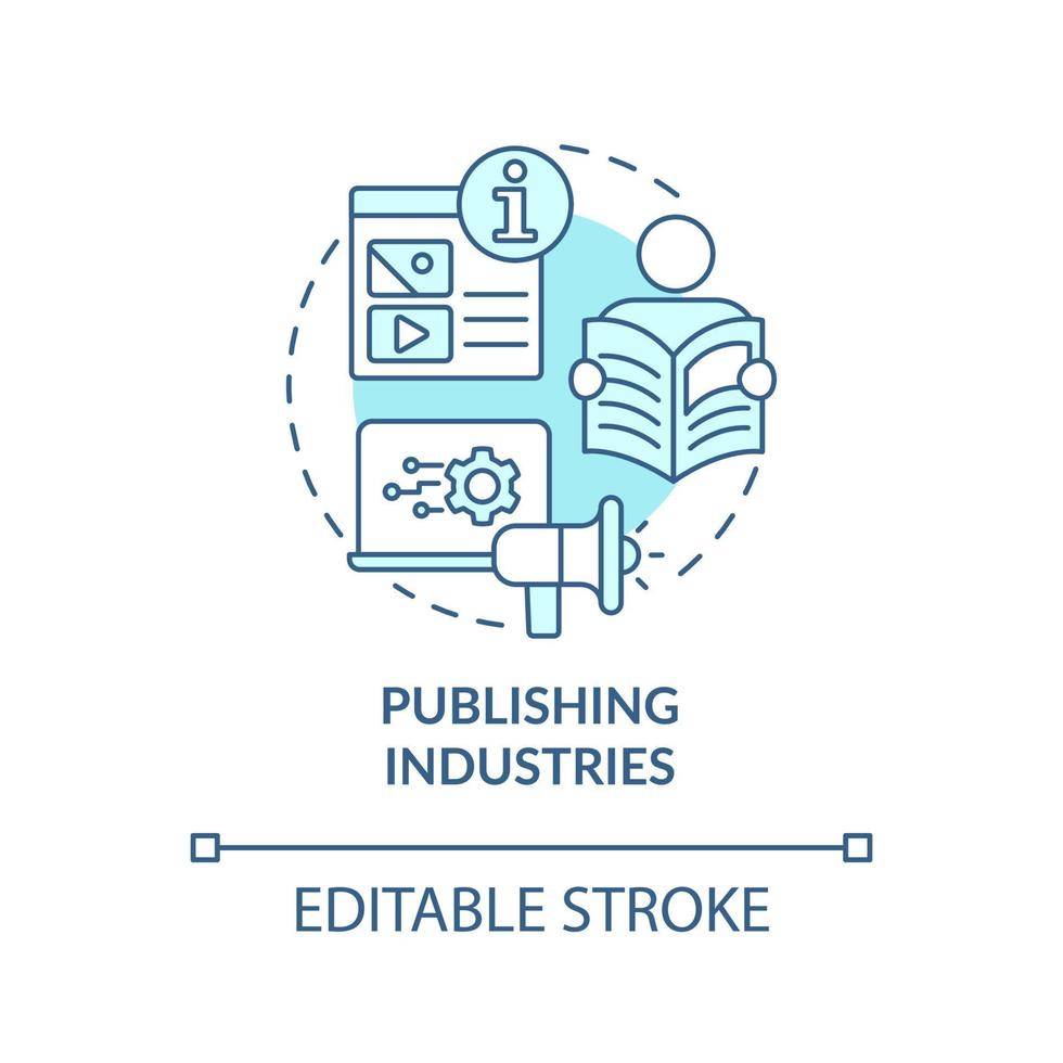 icona del concetto turchese delle industrie editoriali. illustrazione della linea sottile dell'idea astratta del componente del settore delle informazioni. disegno di contorno isolato. tratto modificabile. vettore