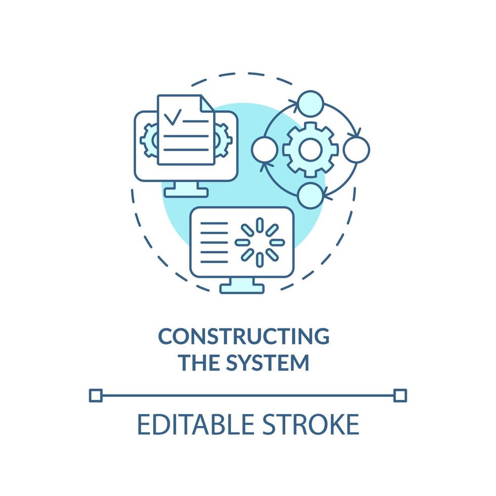 icona del concetto turchese del sistema di costruzione. illustrazione della linea sottile dell'idea astratta di sviluppo del sistema di dati. disegno di contorno isolato. tratto modificabile. vettore