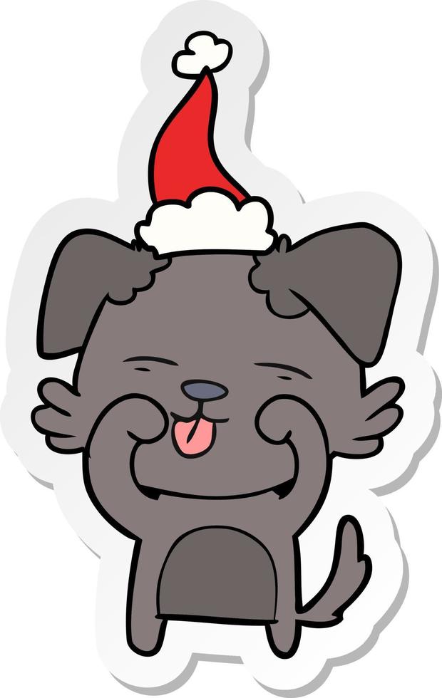 adesivo cartone animato di un cane che si sfrega gli occhi indossando il cappello di Babbo Natale vettore