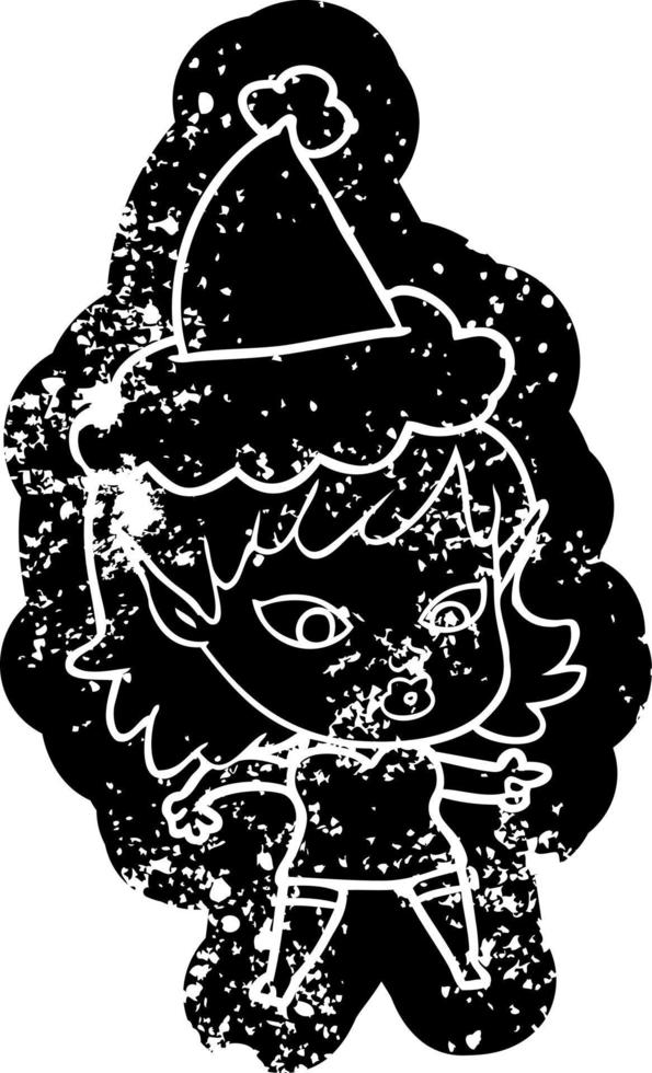 icona afflitta piuttosto cartone animato di una ragazza elfo che indossa il cappello di Babbo Natale vettore