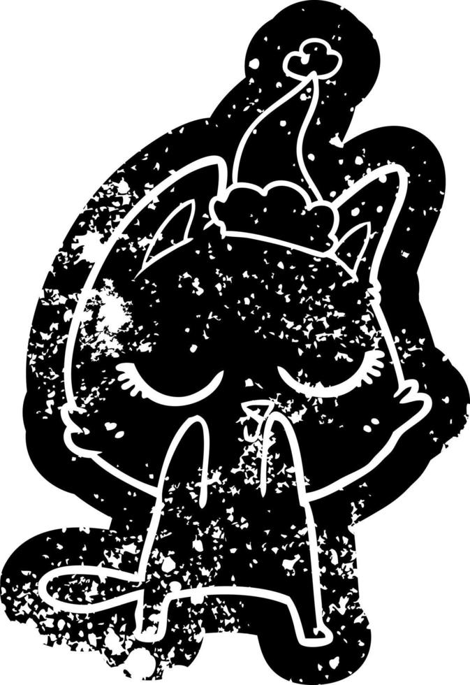 icona angosciata del fumetto calmo di un gatto che indossa il cappello di Babbo Natale vettore