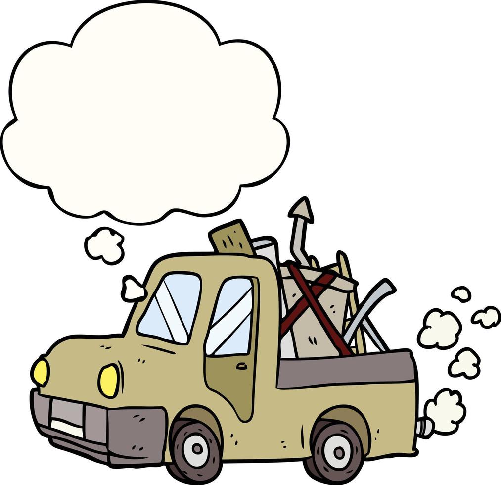cartone animato vecchio camion e bolla di pensiero vettore
