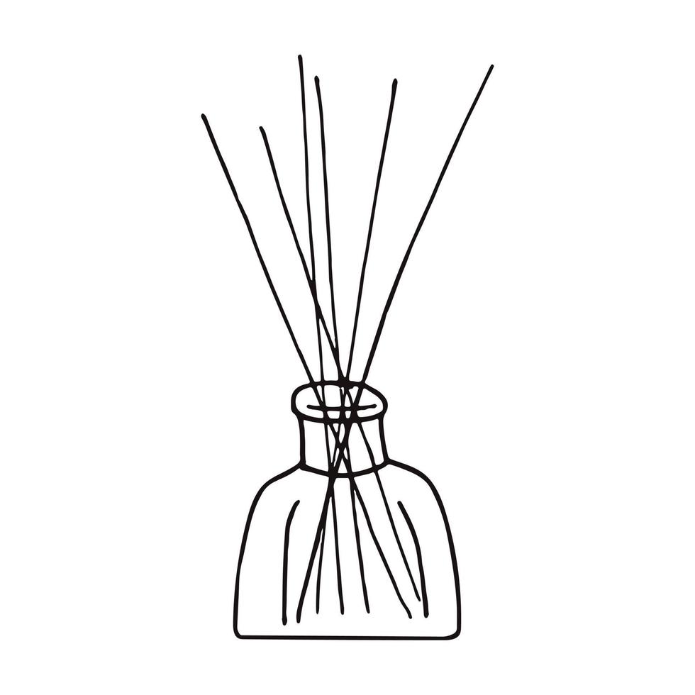bastoncini aromatici in un diffusore disegnato a mano in stile doodle. , line art, nordico, scandinavo, minimalismo, monocromatico. icona, adesivo aromaterapia vettore