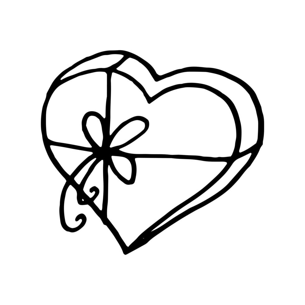 confezione regalo a forma di cuore con nastro e fiocco isolato su bianco. disegnato a mano in stile doodle vettore