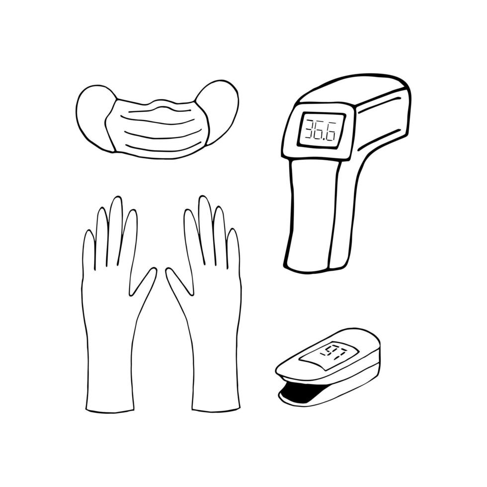 maschera, guanti, termometro a infrarossi, set di pulsossimetro doodle disegnato a mano. , scandinavo, nordico, minimalismo, monocromatico icona medicina medico trattamento covid-19 vettore