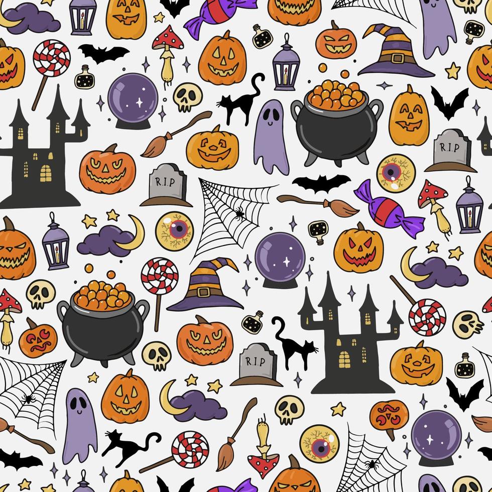 carino modello senza cuciture con scarabocchi di halloween su sfondo bianco. buono per carta da regalo festiva, scrapbooking, stampe tessili, carta da parati, cancelleria, ecc. eps 10 vettore