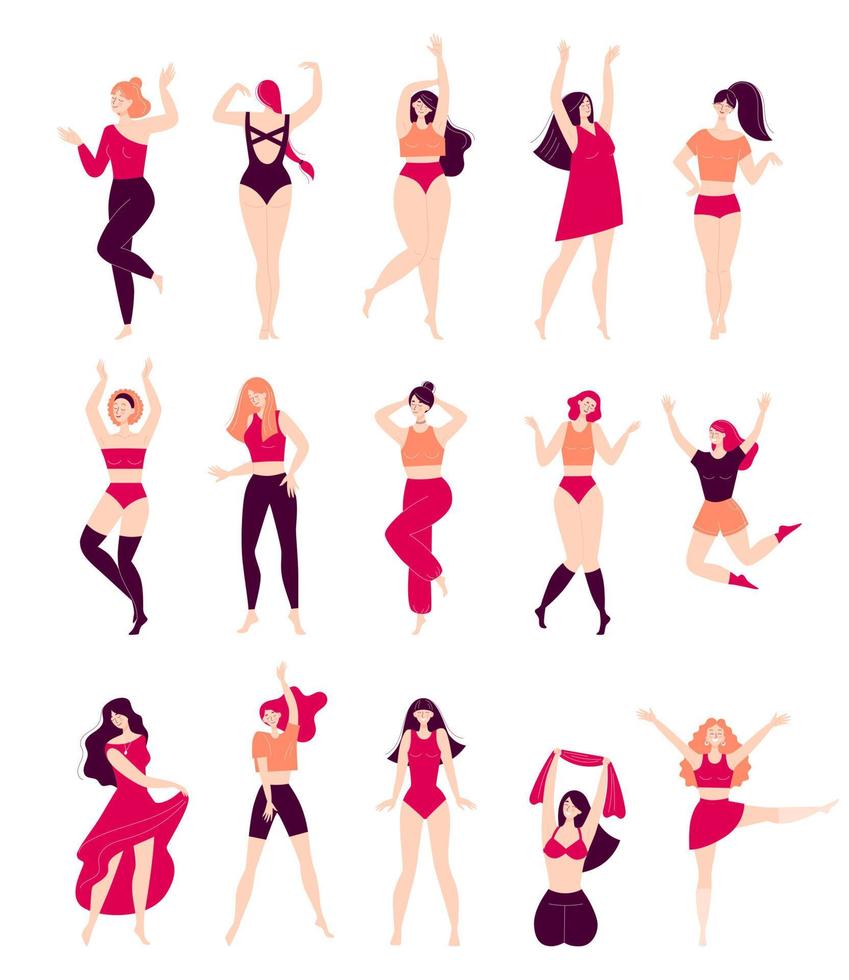 set di ballerine felici giovani donne. discoteca, attività sportiva, fitness, movimento. ama te stesso e il tuo corpo. illustrazione in stile piatto isolato su sfondo bianco vettore