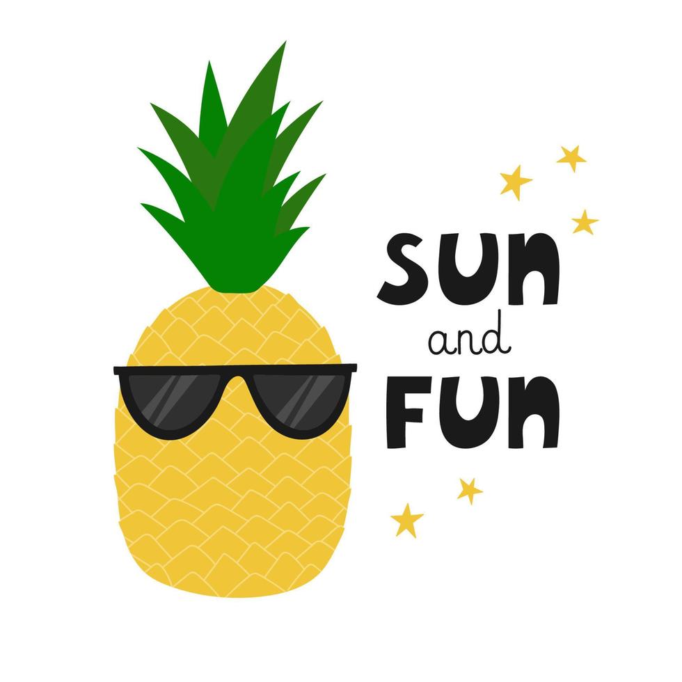 design estivo. ananas con occhiali da sole. cartone animato frutta tropicale e testo disegnato a mano sole e divertimento. modello per carta, poster, banner, stampa vettore