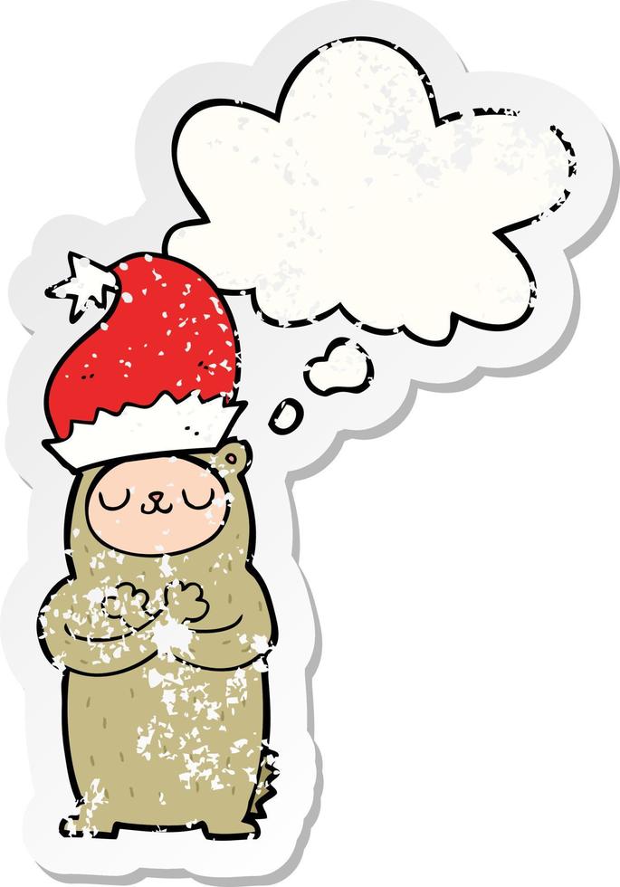 orso cartone animato che indossa un cappello di Natale e una bolla di pensiero come adesivo consumato in difficoltà vettore