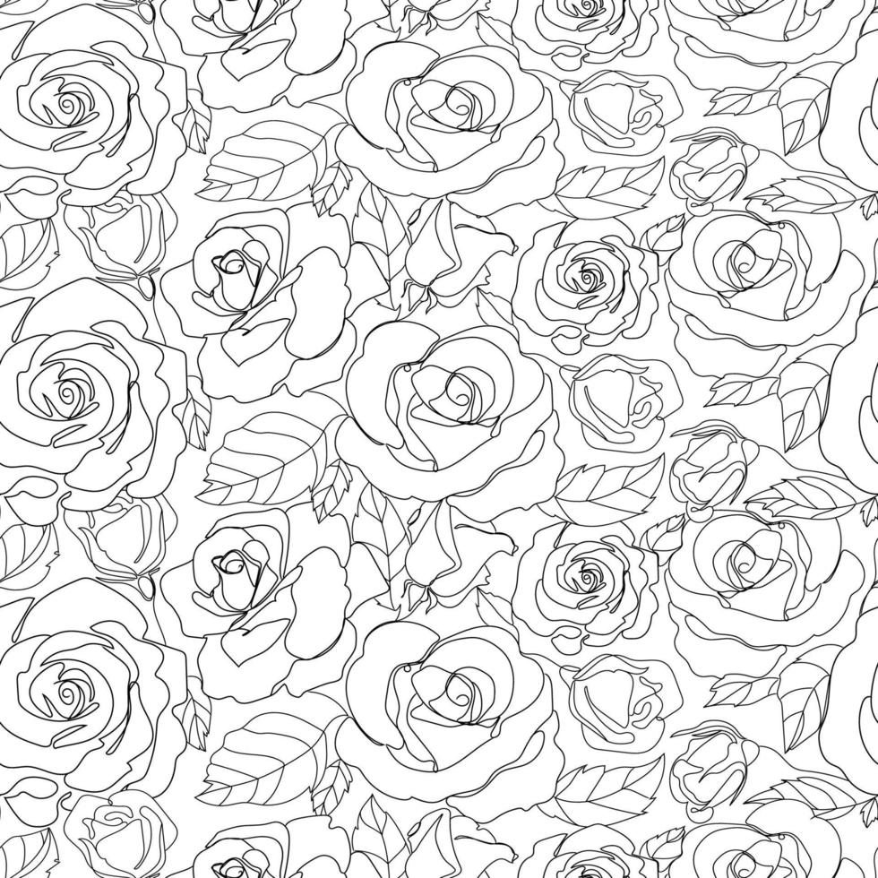 modello senza cuciture con fiori rose disegno di contorno illustrazione vettoriale bella struttura floreale senza soluzione di continuità per la stampa, tessuto, imballaggio, carta da parati e altri design. fiori di rosa in bianco e nero disegnati a mano