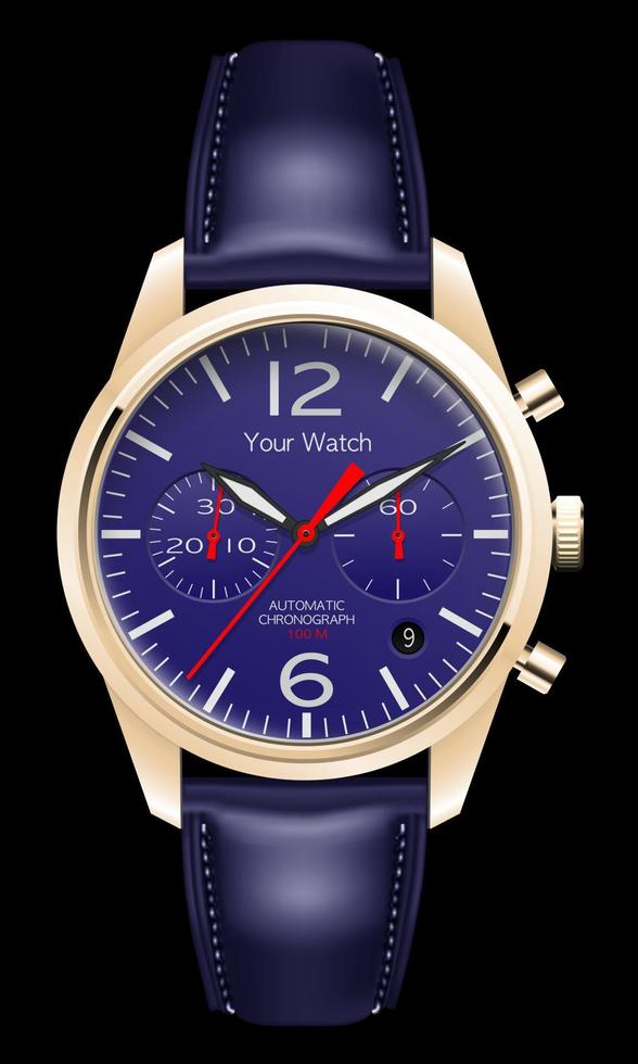 orologio da polso realistico cronografo pelle blu oro freccia rossa su sfondo nero design vettore di lusso