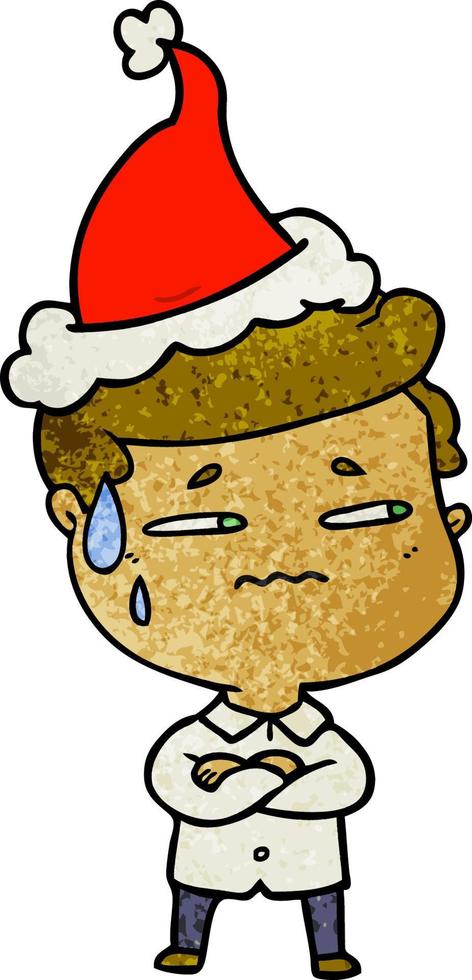 cartone animato strutturato di un uomo ansioso che indossa il cappello di Babbo Natale vettore