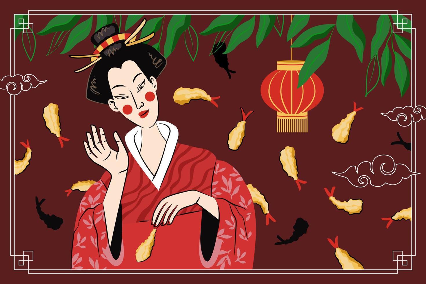 disegno del manifesto di disegno in tempura di cibo giapponese. gamberetti fritti nel piatto nazionale del giappone in pastella. banner pubblicitario di sushi roll bar. menu del ristorante di pesce asiatico o decorazione volantino con geisha donna. vettore