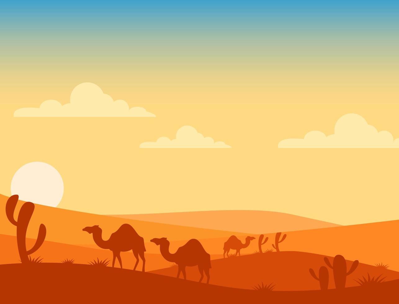 distesa del deserto e cammelli come animali da montagna del deserto vettore