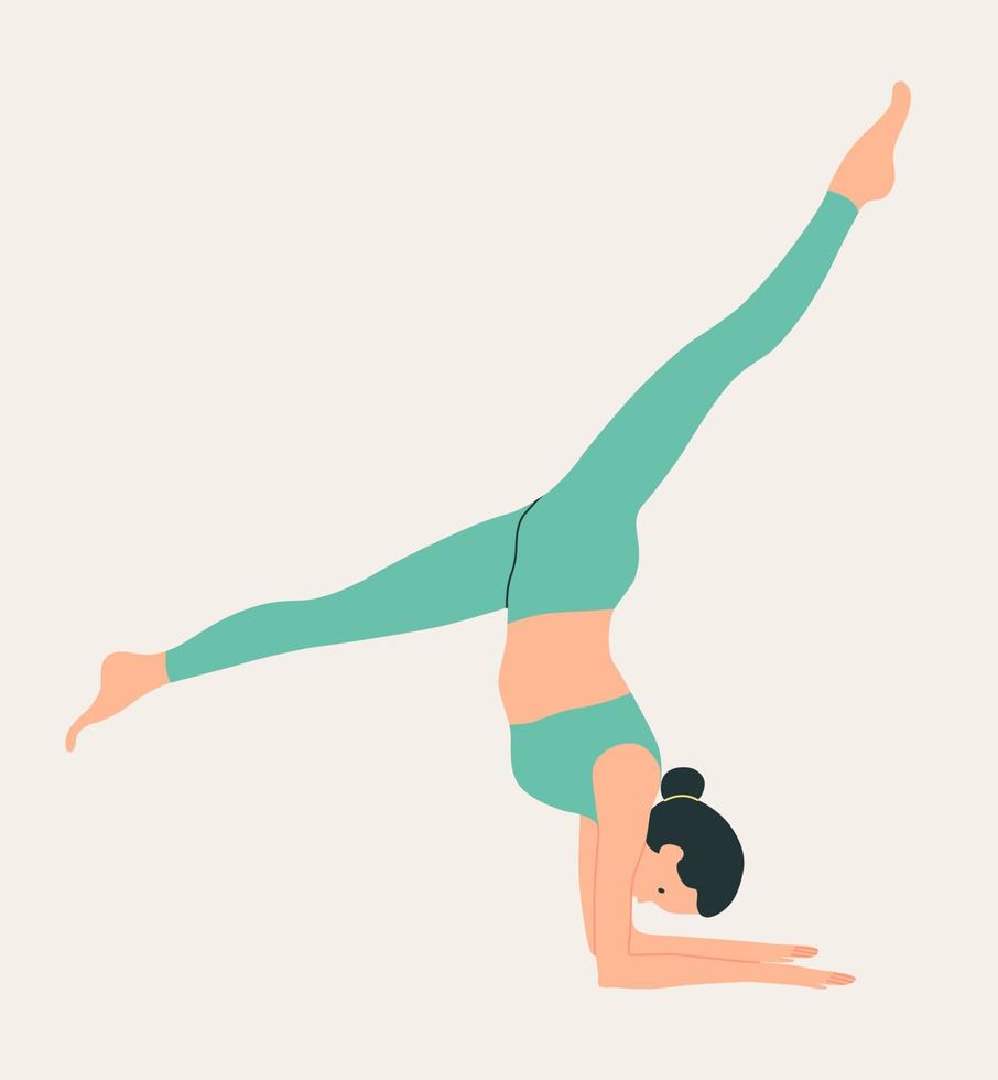 donna che indossa abiti sportivi che fanno yoga. giovane ragazza magra che fa yoga. illustrazione vettoriale colorata disegnata a mano. perdita di peso. concetto di assistenza sanitaria e stile di vita. yoga femminile.