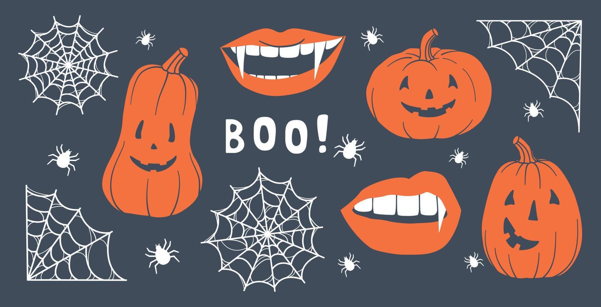 set di zucche, ragnatele e zanne. principali simboli di halloween. zucca arancione con varie facce buffe. modello per il tuo design. illustrazione vettoriale alla moda disegnata a mano. tutti gli elementi sono isolati.