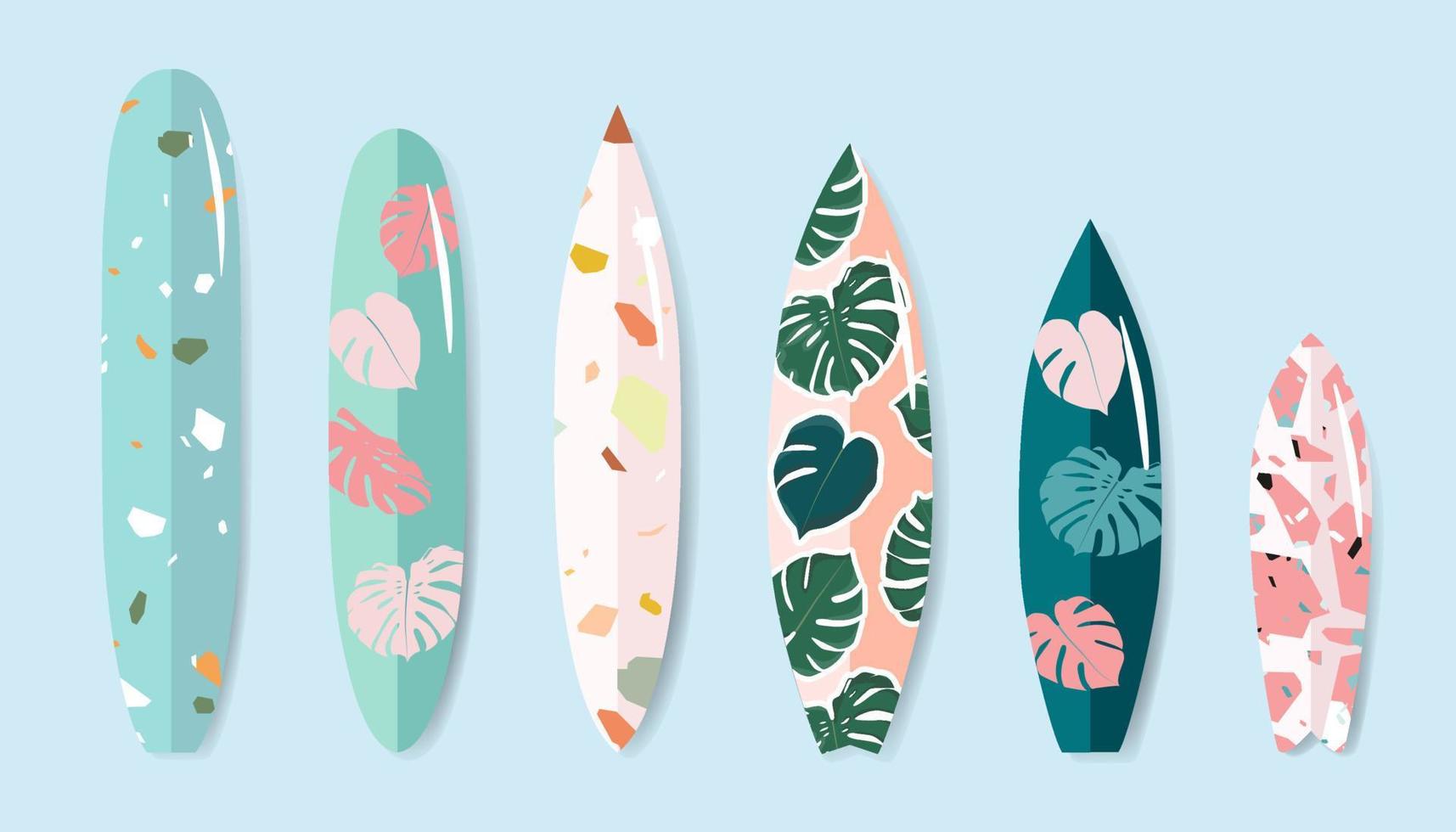 varietà di tavole da surf in piedi impostate. tavole da surf vettoriali disegnate a mano isolate con stampa monstera e terrazzo. illustrazione concettuale di sport e attività estive. design alla moda per il web e la stampa.