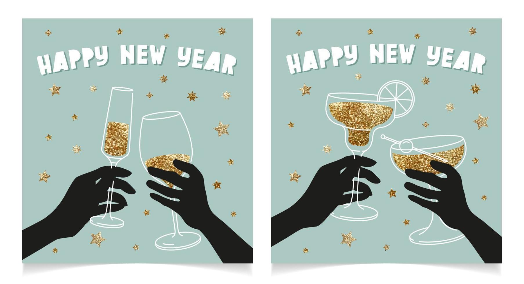 felice anno nuovo cartoline d'auguri carine, set di illustrazioni d'arte al tratto disegno vettoriale. invito alla festa. mani che tengono bicchieri di vino, champagne e cocktail. Saluti vettore