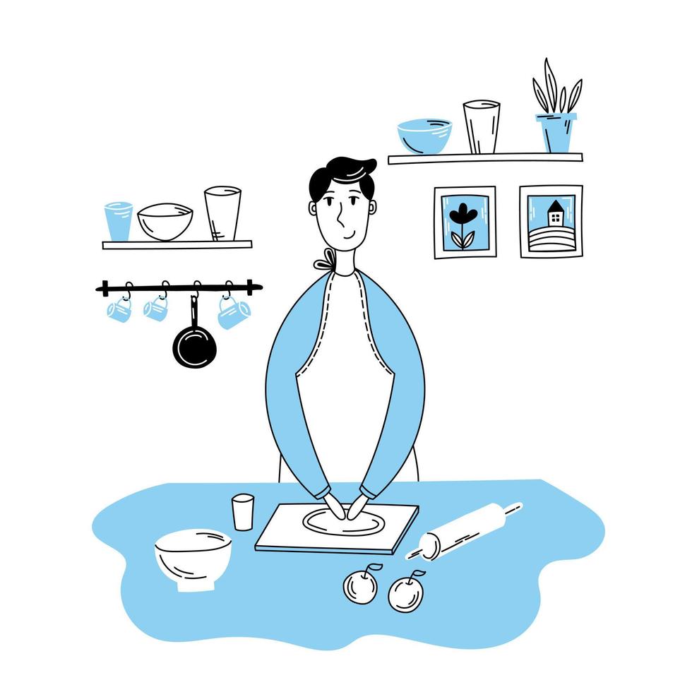 l'uomo sta cucinando in cucina. interno della cucina. vettore di doodle del fumetto piatto.