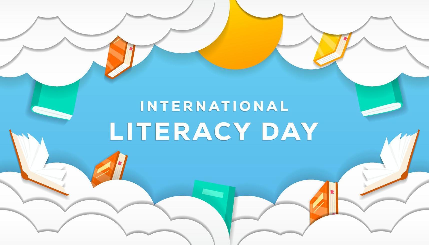 sfondo della giornata internazionale dell'alfabetizzazione con nuvola di ornamenti, libri, sole in stile carta tagliata vettore