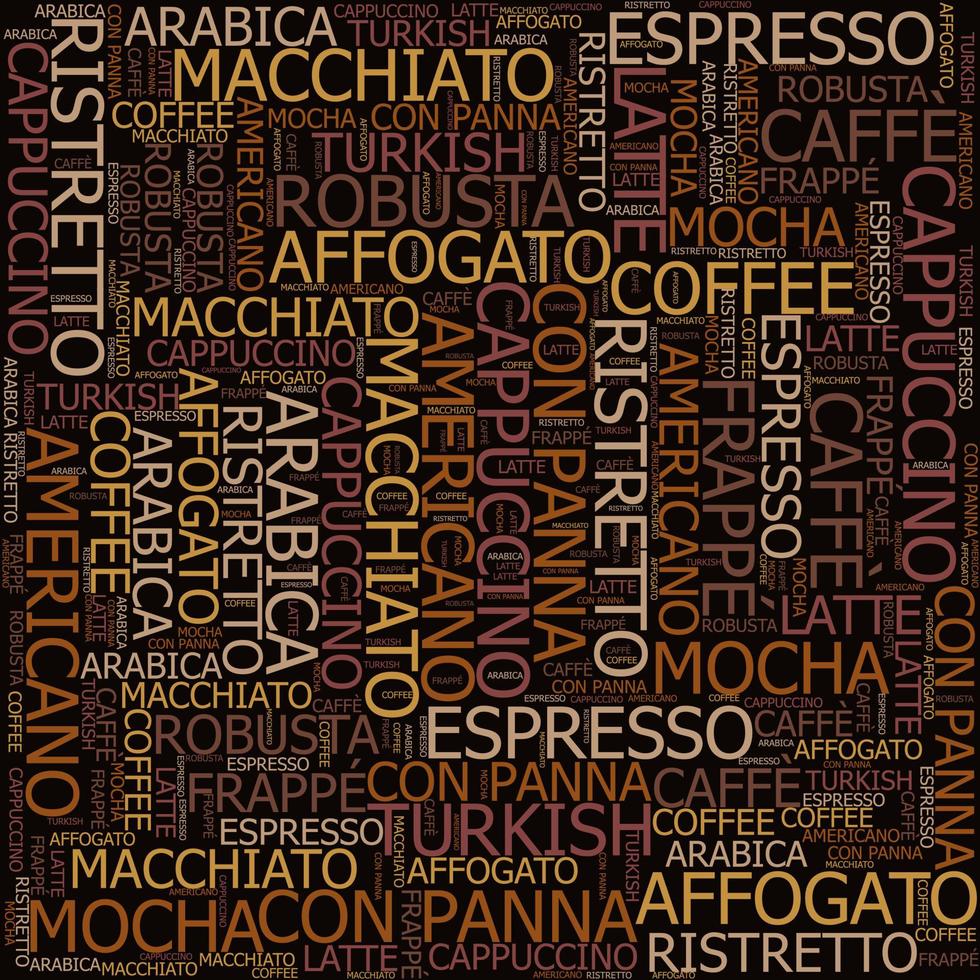 tipi di modello di caffè, caffè espresso, cappuccino, macchiato, word cloud tag cloud testo concetto. vettore