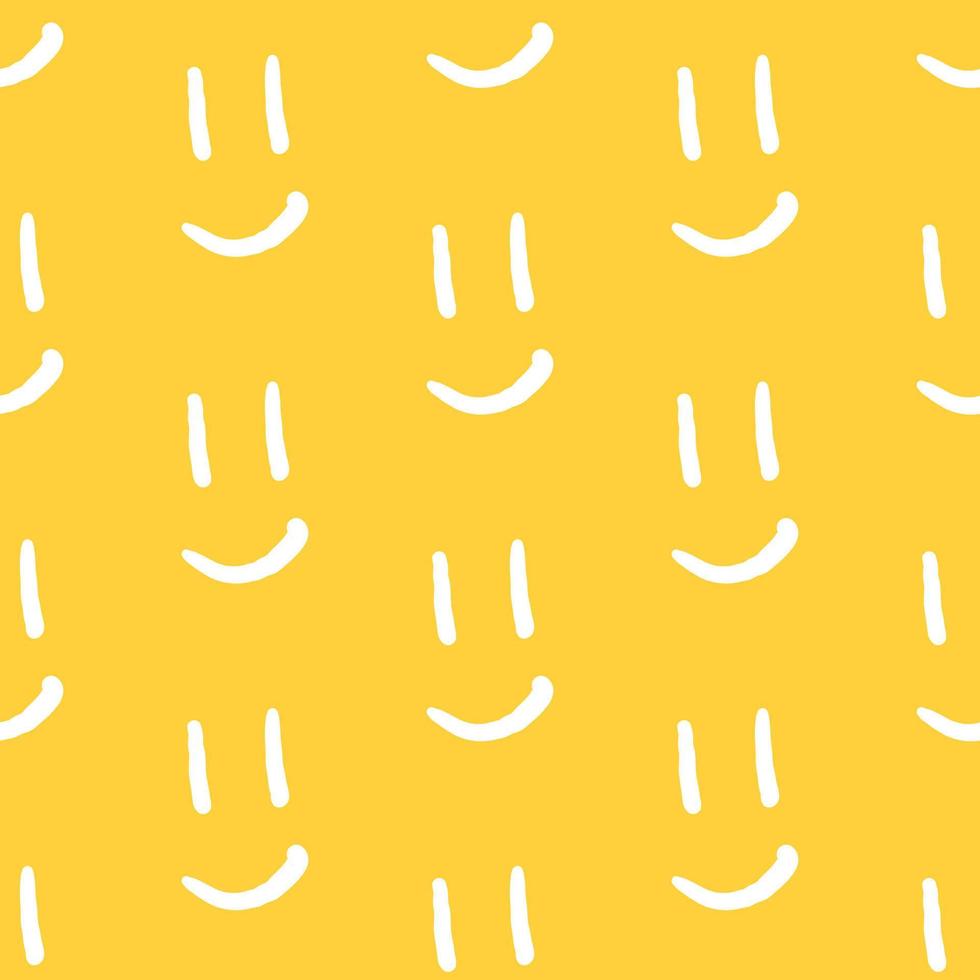 modello senza cuciture di doodle astratto con emoji di sorriso. modello di stampa in tessuto semplice vettoriale con simbolo del viso disegnato a mano. sfondo giallo alla moda per i bambini.