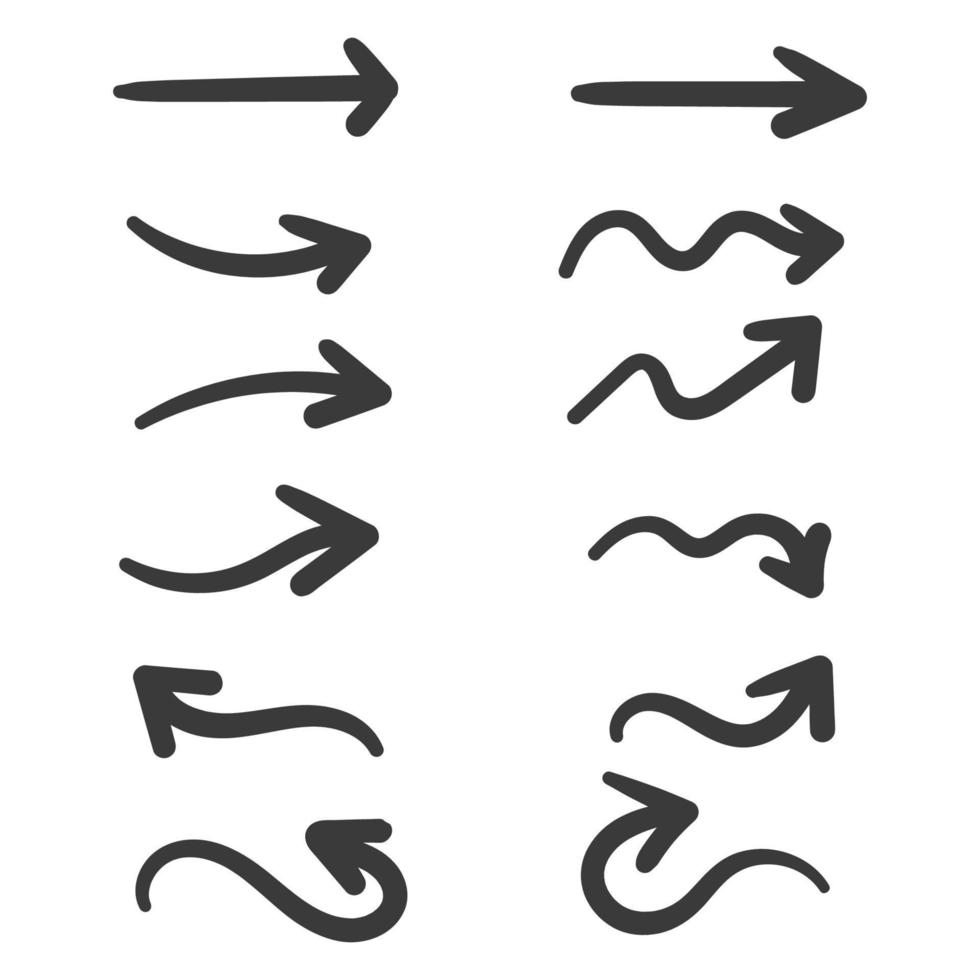 set di icone vettoriali freccia disegnata a mano. disegno della freccia di schizzo per il business plan e l'istruzione.