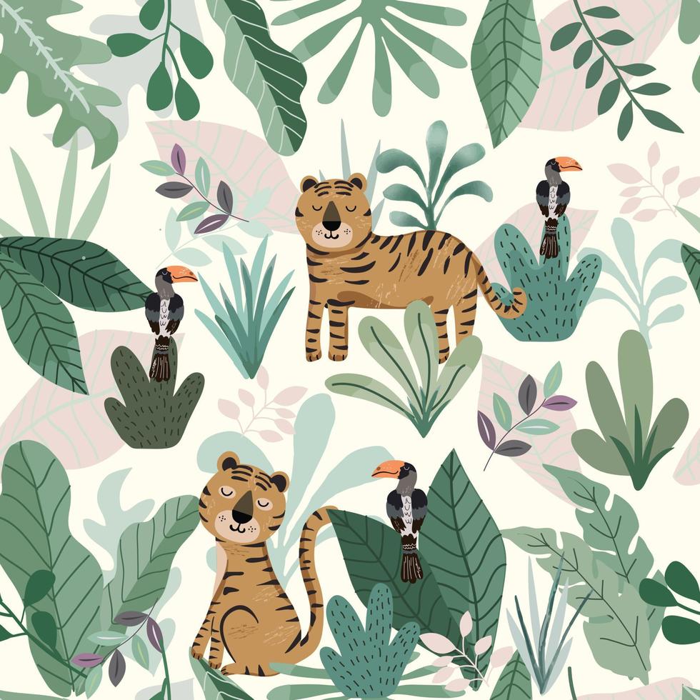 tigre e bucero nel modello senza cuciture della foresta verde vettore