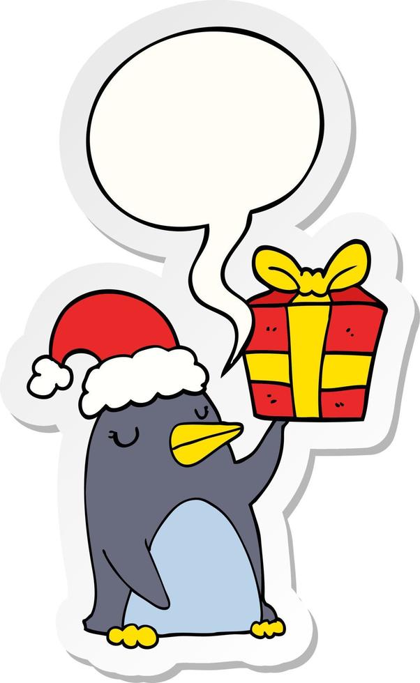 cartone animato pinguino e regalo di Natale e adesivo bolla vocale vettore