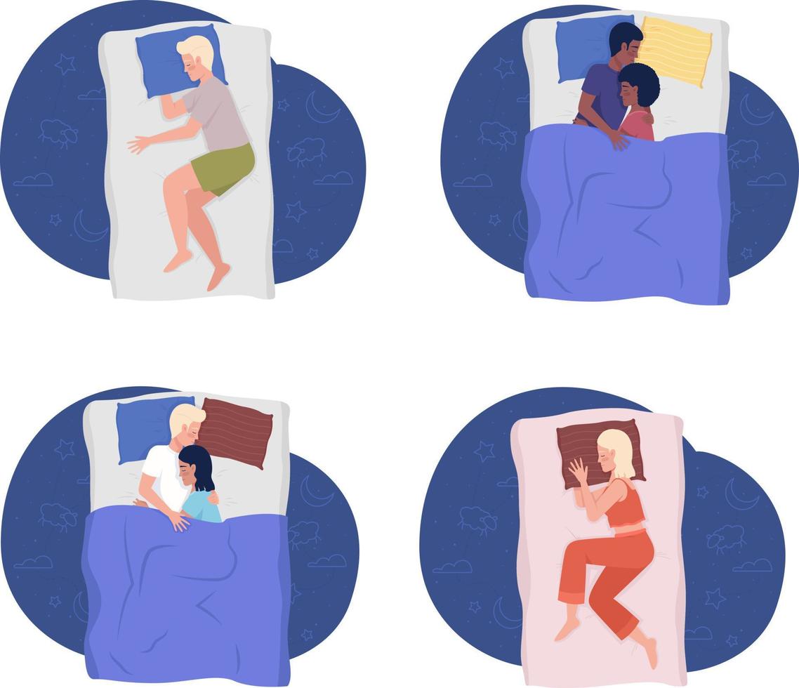 persone che dormono 2d illustrazioni vettoriali isolate impostate. modelli di sonno sano personaggi piatti su sfondo cartone animato. scena modificabile colorata della buonanotte per dispositivi mobili, sito Web, pacchetto di presentazione