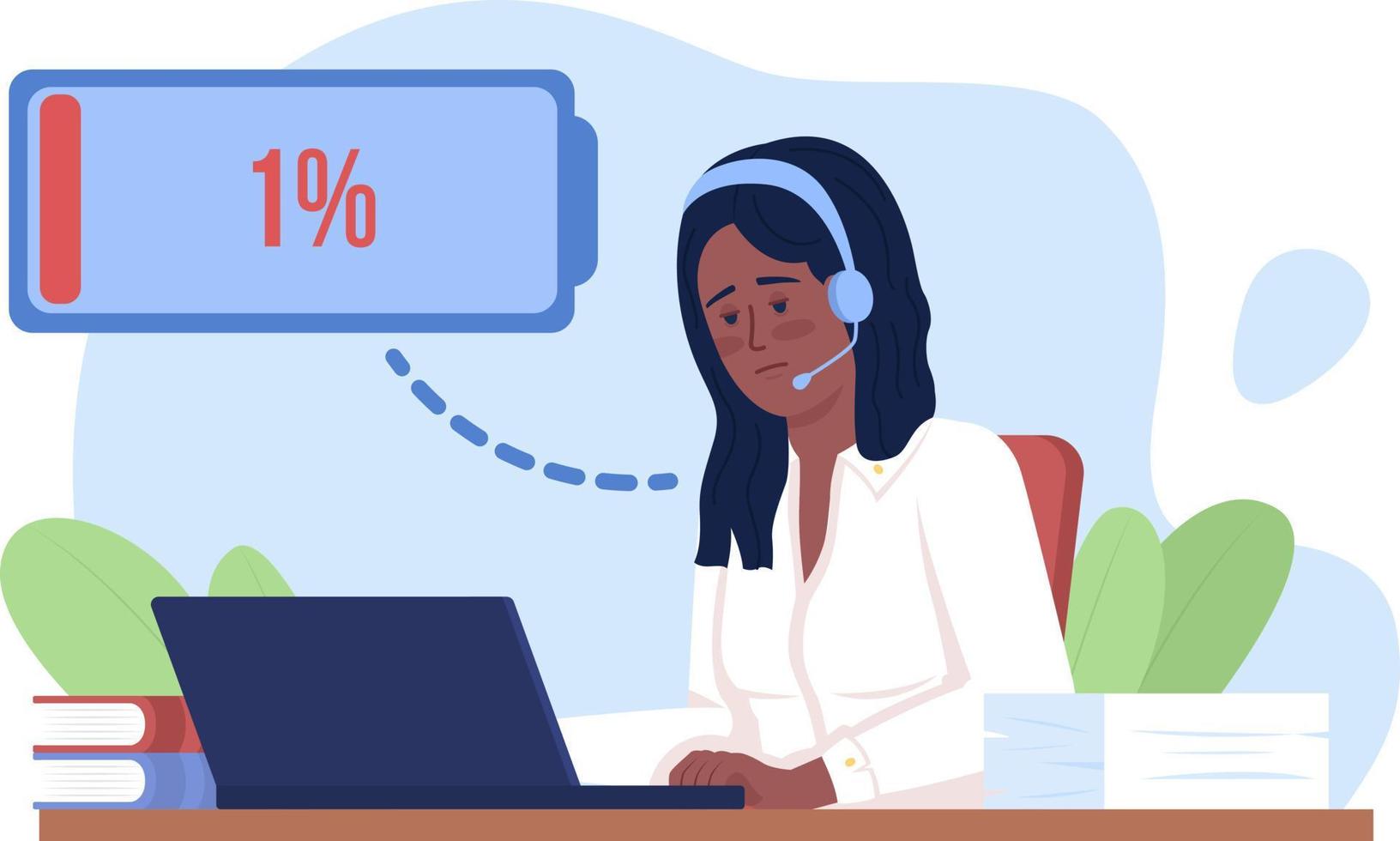 operatore di call center con illustrazione isolata del vettore 2d burnout. personaggio piatto stanco su sfondo cartone animato. scena modificabile colorata per dispositivi mobili, sito Web, presentazione