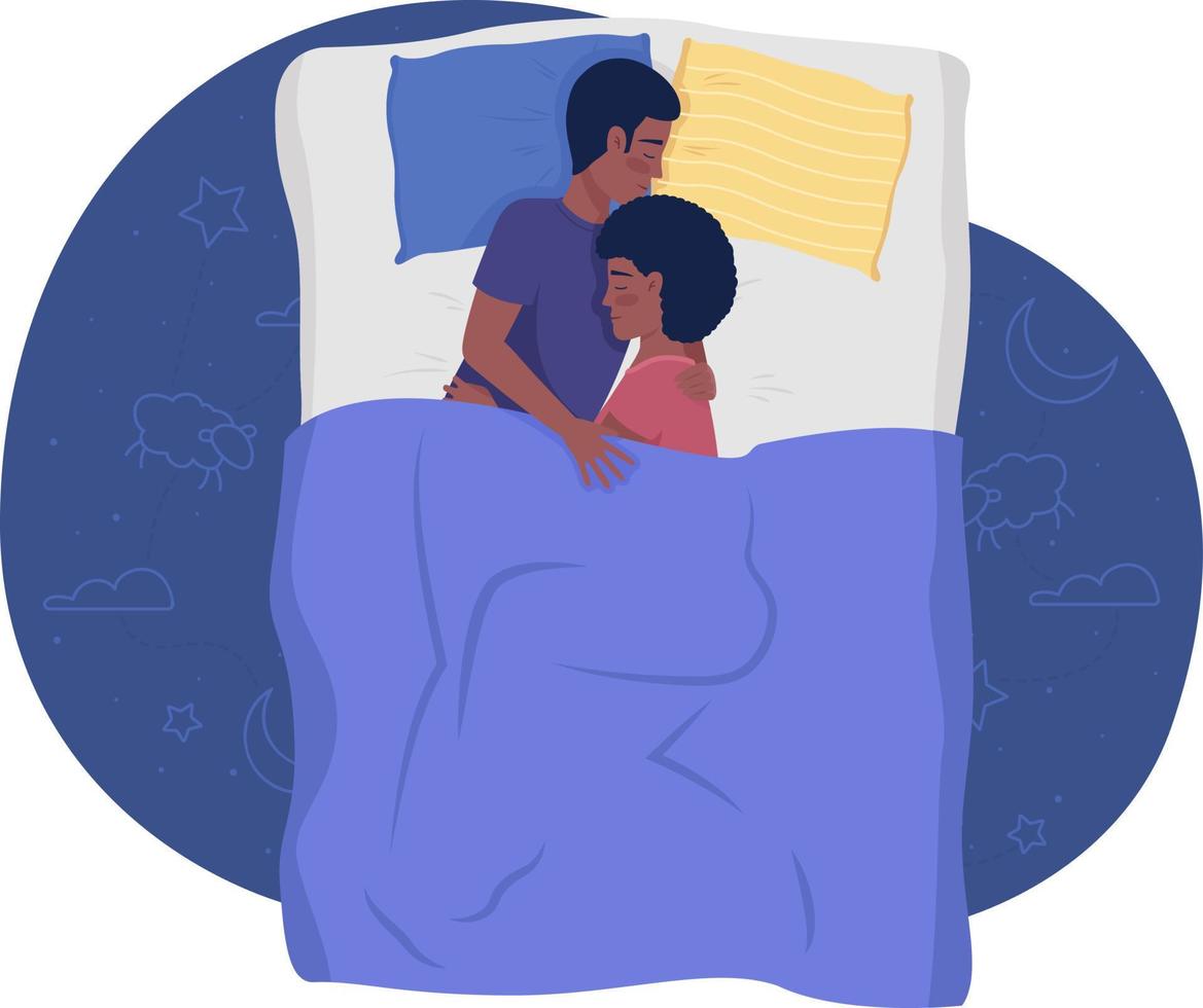 coppia felice che dorme nel letto 2d vettore isolato illustrazione. personaggi piatti della famiglia amorevole su sfondo cartone animato. scena modificabile colorata per il riposo notturno per dispositivi mobili, sito Web, presentazione