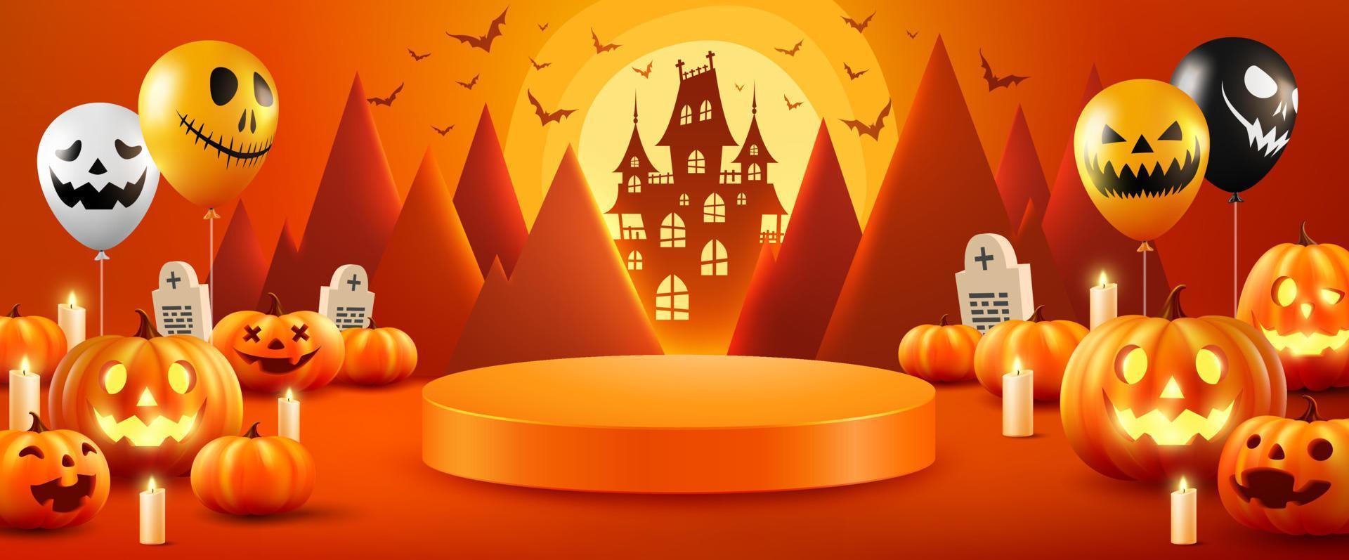 fase di visualizzazione del prodotto di halloween per la presentazione. zucche di halloween e palloncini fantasma su arancione con luna ligt e sfondo silhouette castello. modello di sito Web spettrale o banner vettore