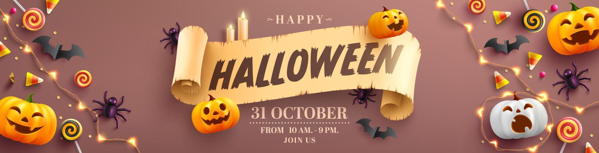 poster di promozione di halloween o modello di banner con fantasma di zucca di halloween, caramelle, luci di stringa ed elementi di halloween. modello di sito Web spettrale o banner vettore