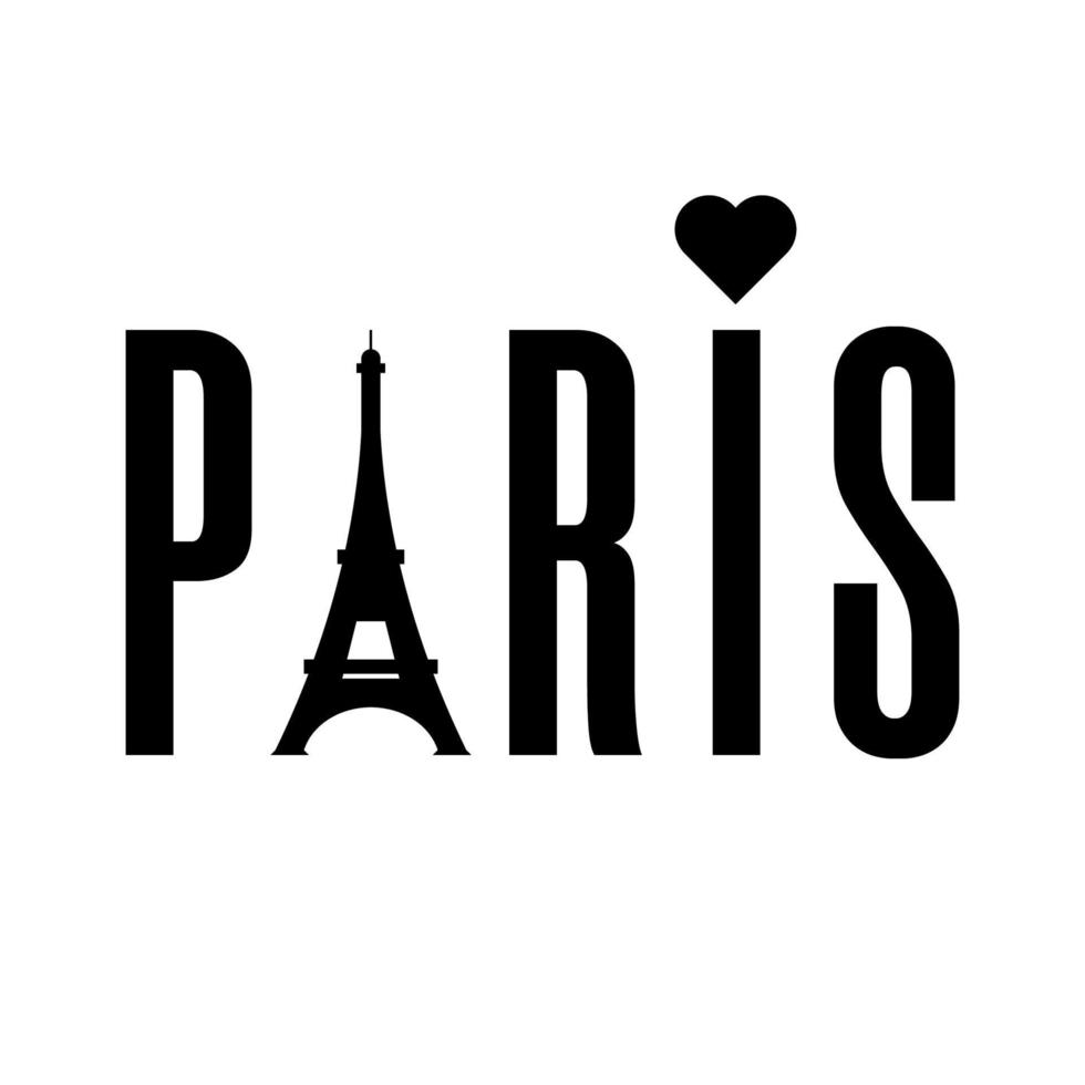 parola di parigi con torre eiffel isolata su sfondo bianco. etichetta nera o logotipo. illustrazione vettoriale pulita e moderna per design, web.