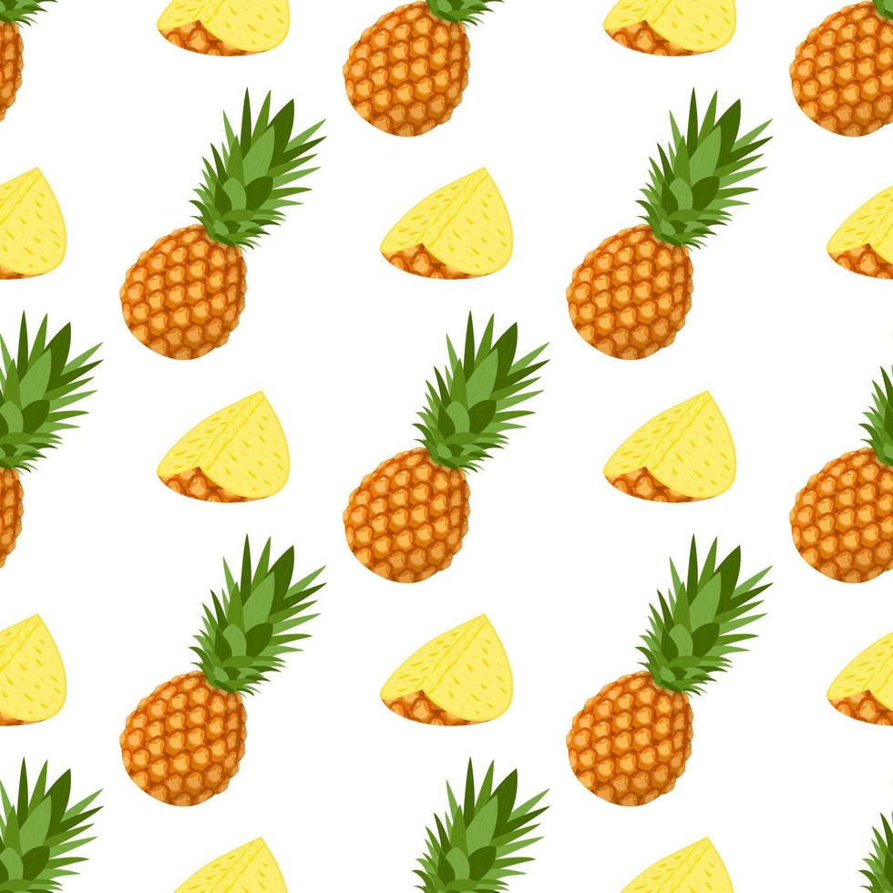 modello senza cuciture con frutta fresca di ananas a fette intere e tagliate con foglie su sfondo bianco. frutta estiva per uno stile di vita sano. frutta biologica. stile cartone animato. illustrazione vettoriale per qualsiasi disegno.