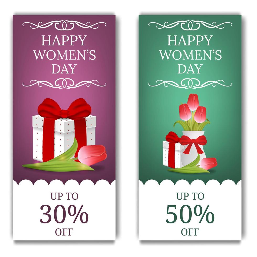 banner sconto per la festa della donna con confezione regalo e tulipani. confezione regalo con fiocco rosso. illustrazione vettoriale per il tuo design.