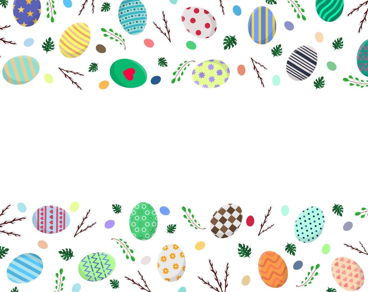 modello di cartolina di pasqua con uova di pasqua, rami di salice, foglie di monstera. per saluto o invito. illustrazione vettoriale per il tuo design, web.