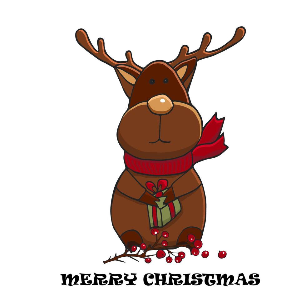 personaggio carino di natale e capodanno. illustrazione vettoriale di renne in una sciarpa rossa e con un regalo. biglietto d'auguri