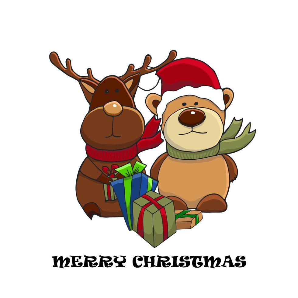 personaggi carini di natale e capodanno. illustrazione vettoriale di renne e orsacchiotto in una sciarpa rossa e con doni. biglietto d'auguri.