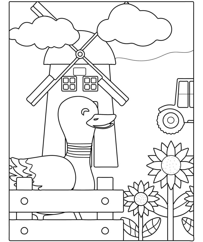 animali da fattoria. libro da colorare anatra per bambini. vettore
