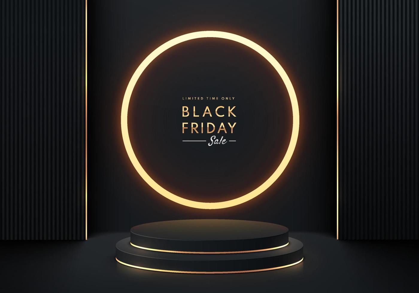 podio con piedistallo cilindrico 3d realistico nero, oro con neon dorato circolare illuminato. astratto vettoriale con forme geometriche. scena minima del black friday per la vetrina dei prodotti mockup, display promozionale.