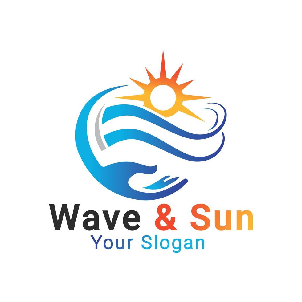 logo del sole dell'onda, logo del sole e del mare, modello del logo del tramonto vettore