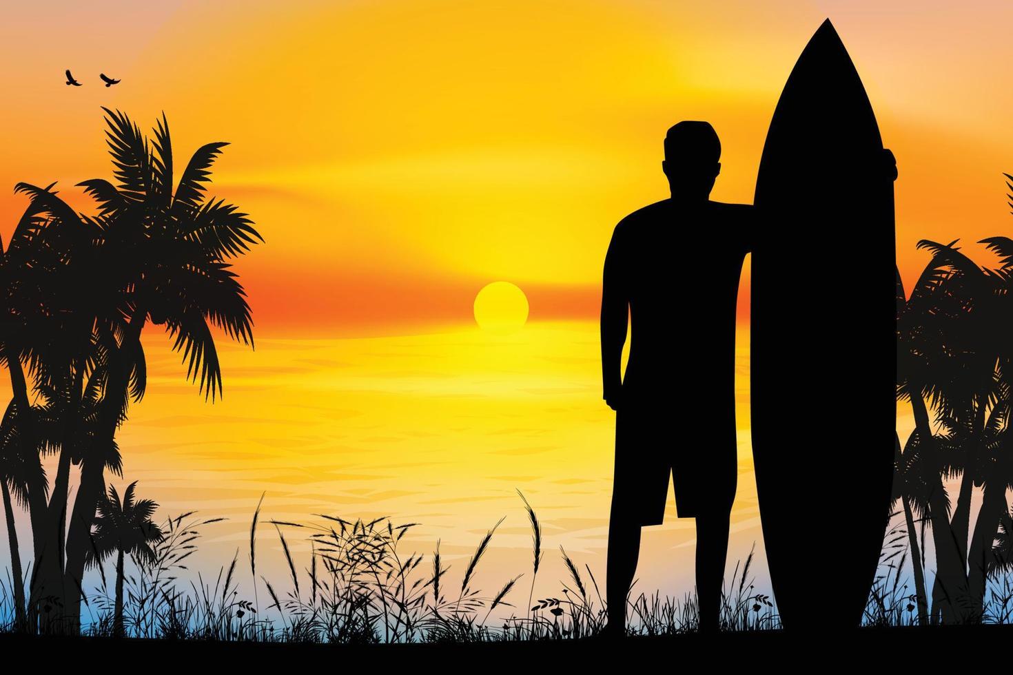 grafica silhouette uomo e spiaggia carina vettore