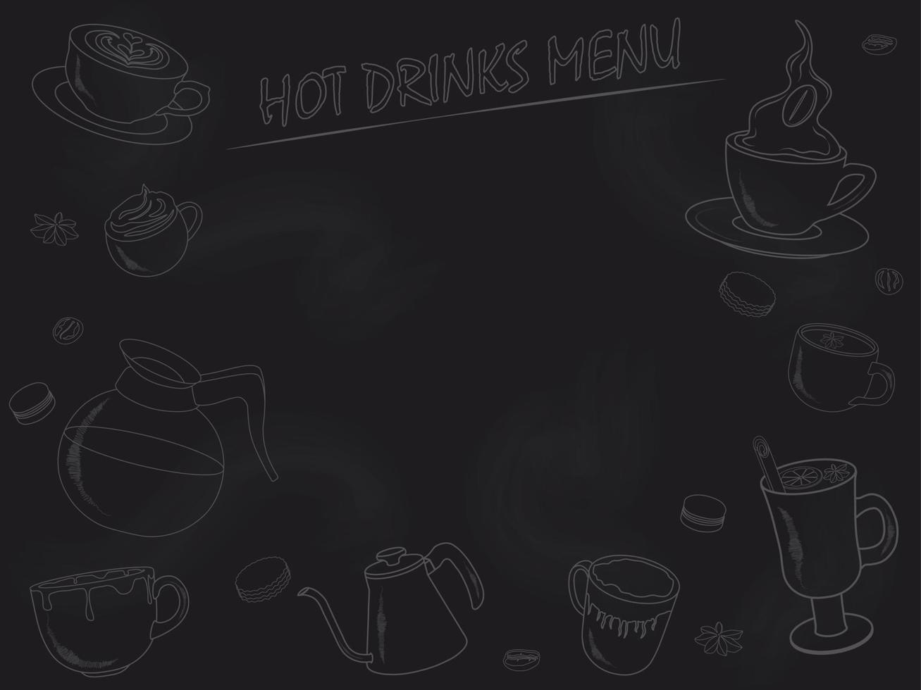 menu di bevande calde con contorni delle bevande e spazio per la copia disegnato sull'illustrazione vettoriale della lavagna