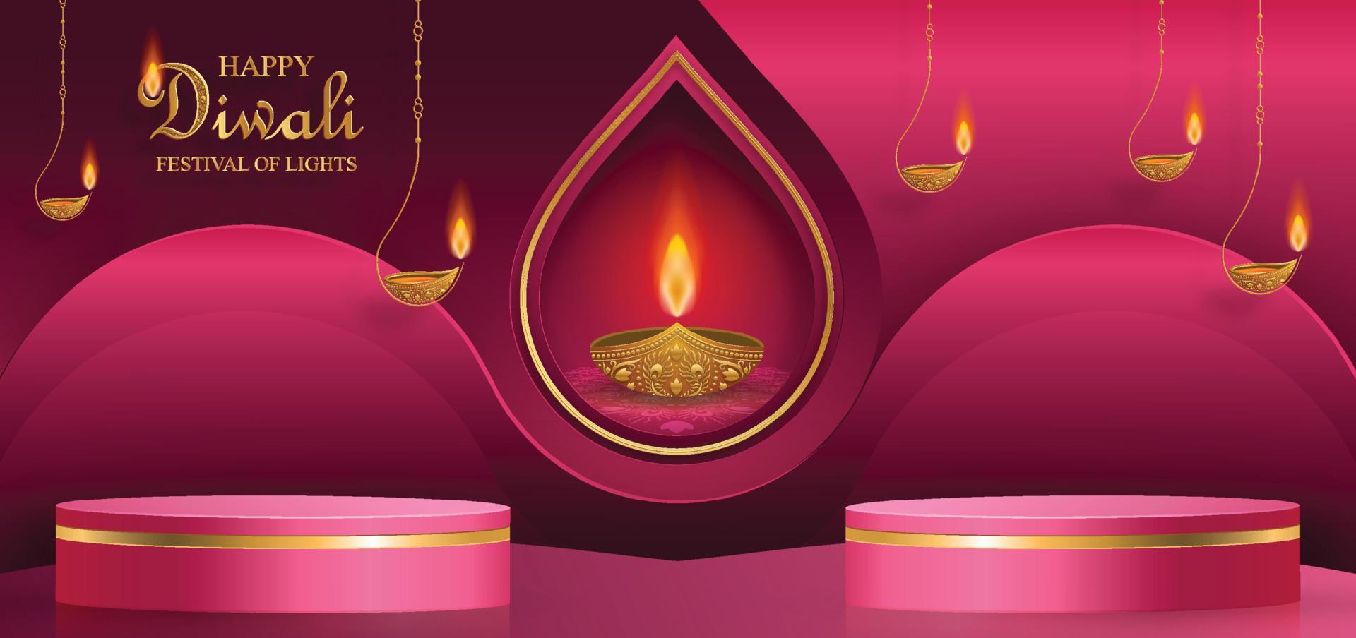 Stile palco rotondo podio 3d, per diwali, deepavali o dipavali, il festival indiano delle luci con lampada diya vettore